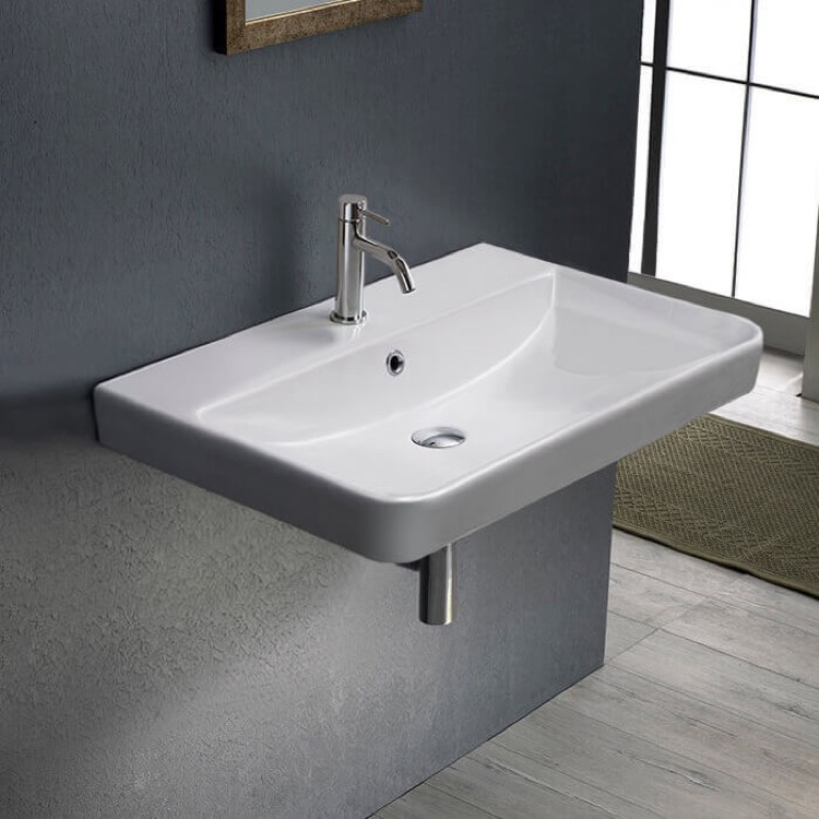 Bathroom Sink, CeraStyle 079600-U-One Hole, Rectangle White Ceramic Wall Mounted or Drop In Sink